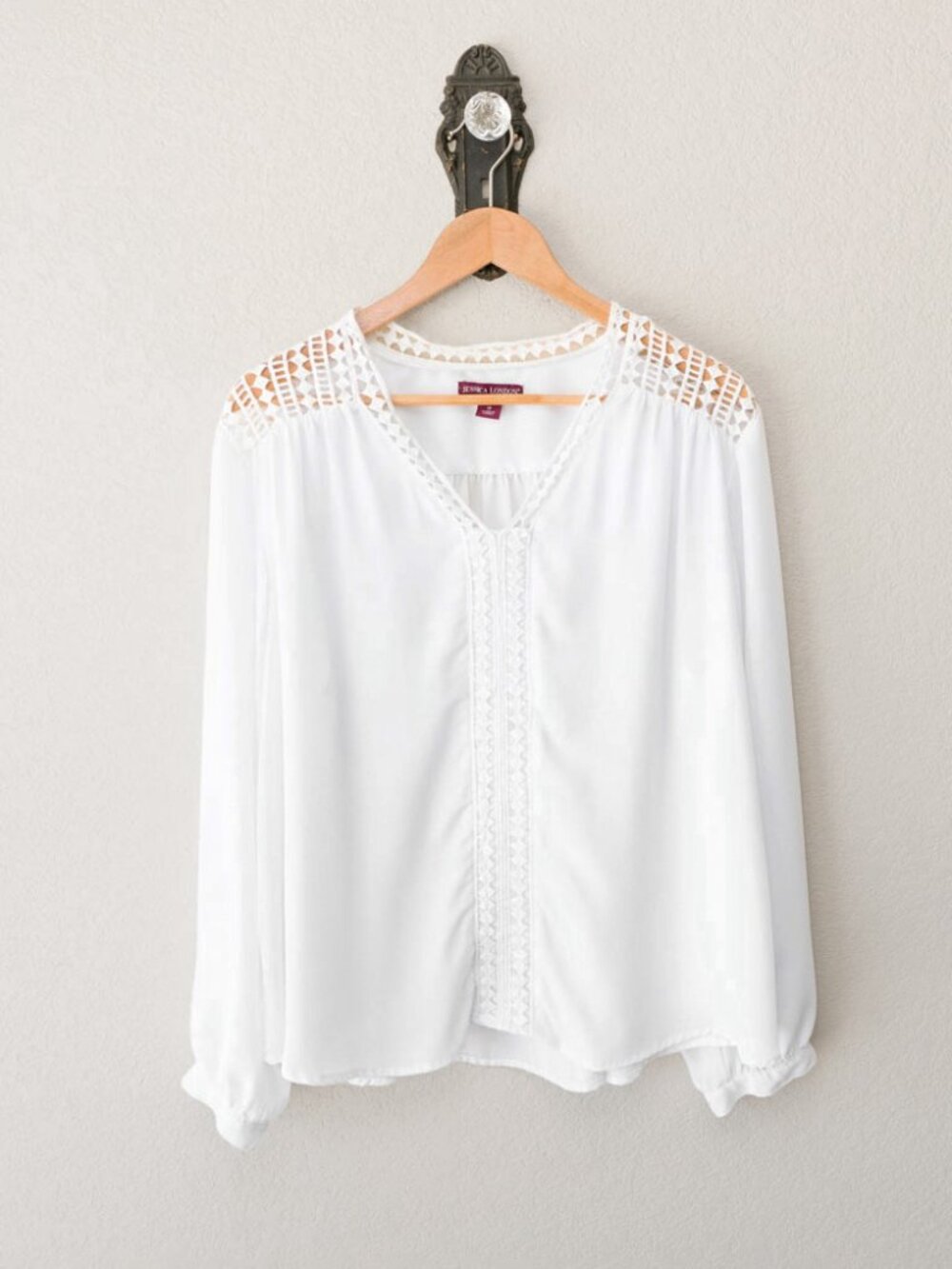 Jessica London Blouse Womens 18 White Lace Trim V Neck Long Sleeve Plus Size - Picture 2 of 16